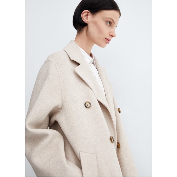MANGO Oatmeal Neutral Cream Oversized Wool Coat Double Breasted Wool Trench Coat - Picture 3 of 17